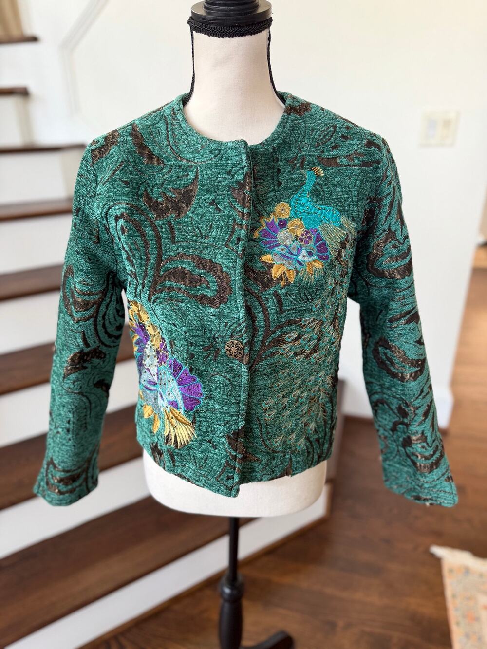 Vintage Emerald Green Velvet Tapestry Embroidered Beaded Peacock Floral Jacket